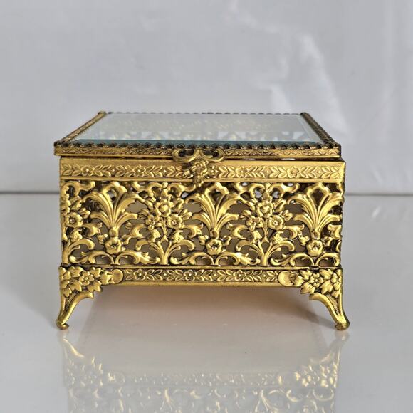 Vintage Ormolu Gold Filigree Jewelry Casket Beveled Glass Hollywood Regency - Picture 2 of 12